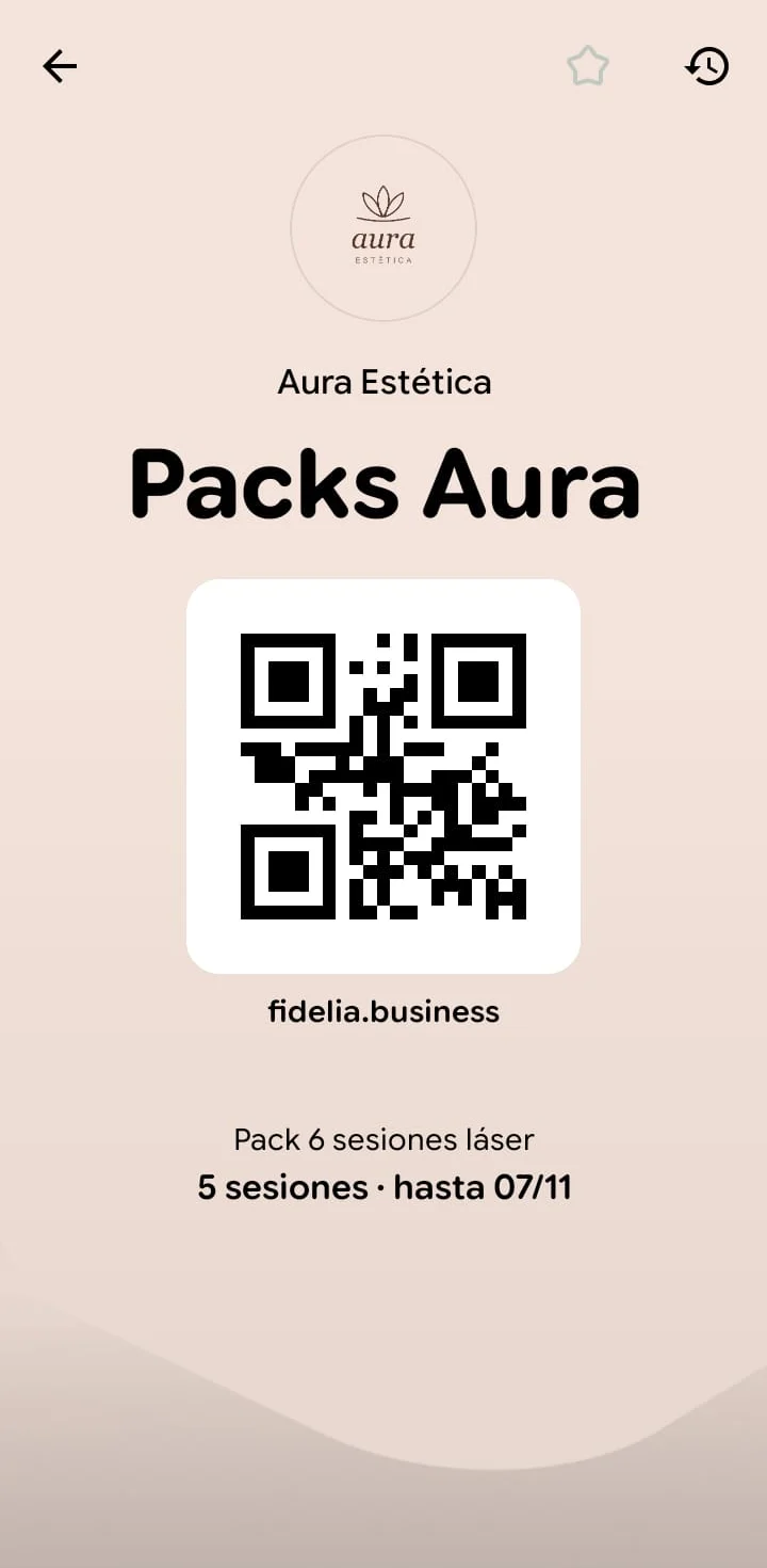 Tarjeta de Aura Estética en Google Wallet con el pack de 6 sesiones láser y las sesiones que le quedan