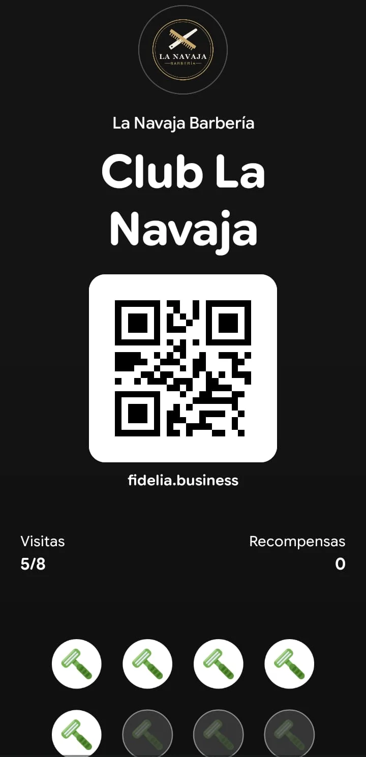Tarjeta de sellos de la barbería La Navaja en Google Wallet, con cinco de ocho sellos