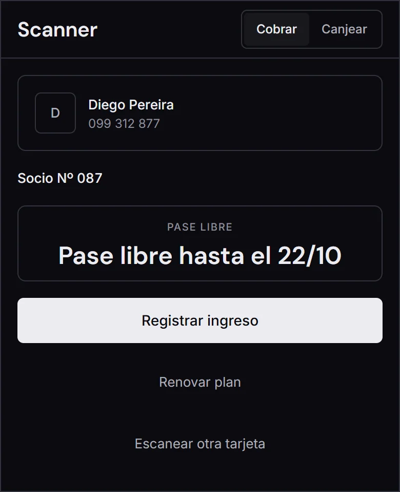 Escáner de un gimnasio: Socio Nº 087, Pase libre hasta el 22/10, botón Registrar ingreso