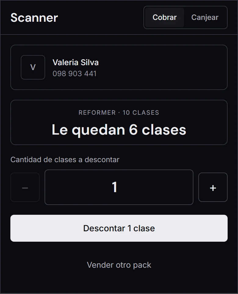 Escáner de un estudio de pilates: plan Reformer de 10 clases, Le quedan 6 clases, selector para descontar varias clases y botón Descontar 1 clase