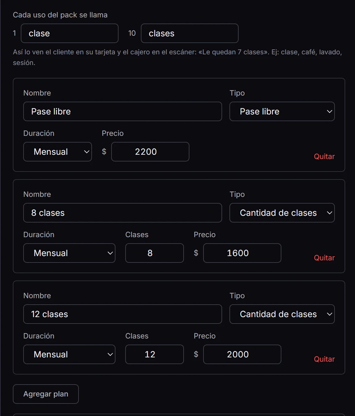 Pantalla de planes de la tarjeta: Pase libre mensual a $2200, 8 clases mensual a $1600 y 12 clases mensual a $2000, con el botón Agregar plan