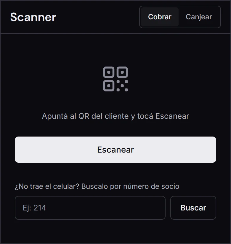 Pantalla del escáner en recepción: botón Escanear y una casilla para buscar al socio por número