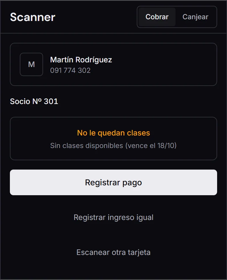 Escáner: Socio Nº 301, No le quedan clases, sin clases disponibles, vence el 18/10; botones Registrar pago y Registrar ingreso igual